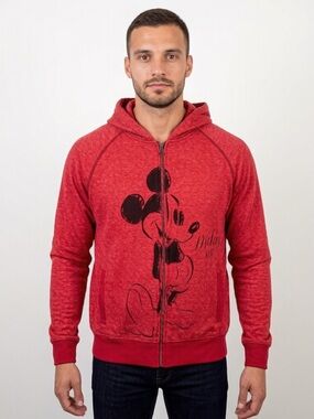 Disney Mickey Mouse Zip Hoodie Red Men’s Large Full Zip Graphic Sweatshirt